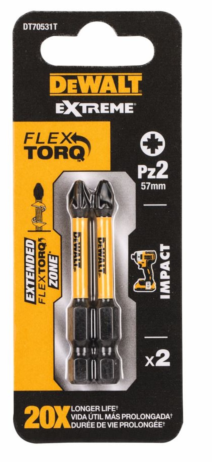 DT70531T DEWALT 2X TORZNÍ ŠROUBOVACÍ BIT 57MM, PZ2, EXTREME