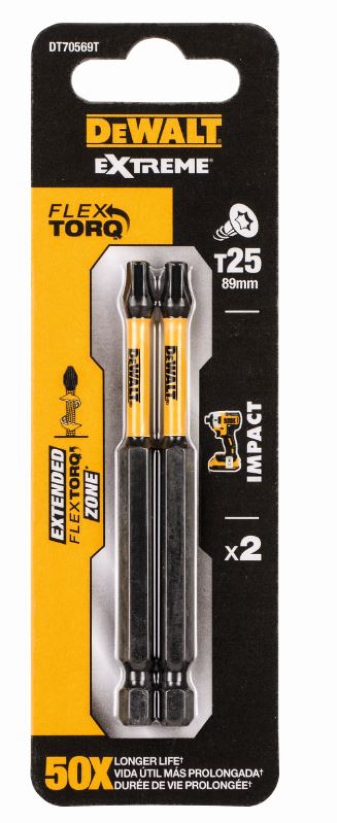 DT70569T DEWALT 2DÍLNÁ SADA BITŮ T25 X 89MM, TORSION IMPACT