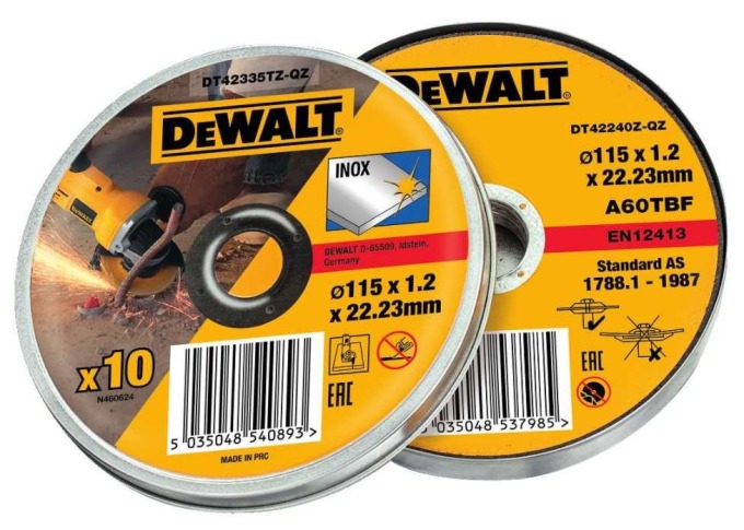 DT42335TZ DEWALT ŘEZNÉ KOTOUČE NA NEREZ V PLECHOVÉ KRABIČCE DO ÚHLOVÝCH BRUSEK 115X1,2 MM, 10 KS,