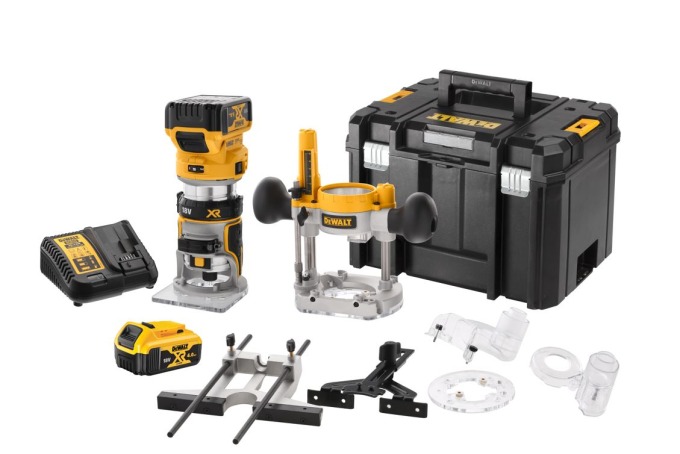 DCW604P2 DEWALT 18V BEZUHLÍKOVÁ KOMBINOVANÁ FRÉZKA 8MM, 2 X 5,0 AH, NABÍJEČKA, KUFR T-STAK, 2,9KG