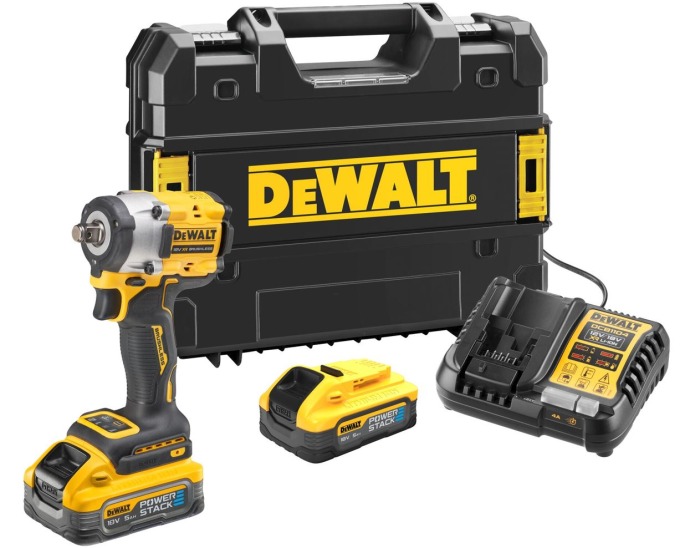 DCF921H2T DEWALT 18V AKU BEZUHLÍKOVÝ RÁZOVÝ UTAHOVÁK 1/2", 2 X POWERSTACK 5,0 AH BATERIE XR LI-ION, NABÍJEČKA, KUFR T-STAK