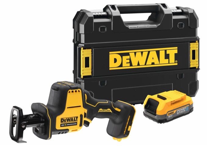 DCS369E1T DEWALT 18V AKU BEZUHLÍKOVÁ KOMPAKTNÍ MEČOVÁ PILA, 1 X 1,7 AH BATERIE POWERSTACK, BEZ NABÍJEČKY, KUFR T-STAK