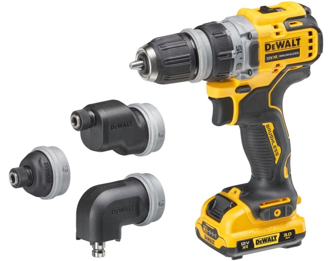 DCD703L2T DEWALT 12V AKU BEZUHLÍKOVÁ VRTAČKA S VÝMĚNNÝMI HLAVAMI, 2 X BATERIE 3,0 AH, NABÍJEČKA, KUFR T-STAK