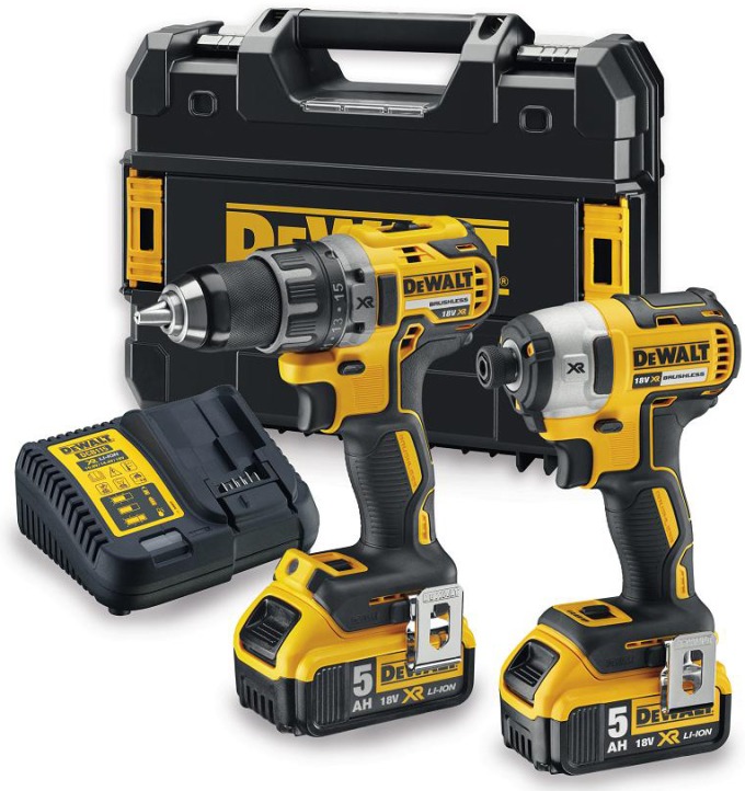 DCK268P2T DeWALT 18 VOLT AKU BEZUHLÍKOVÁ KOMBO SADA VRTAČKA/ŠROUBOVÁK DCD791 A RÁZOVÝ UTAHOVÁK 1/4" DCF887, 2 X 5,0 AH AKU, NABÍJEČKA, KUFR T-STAK