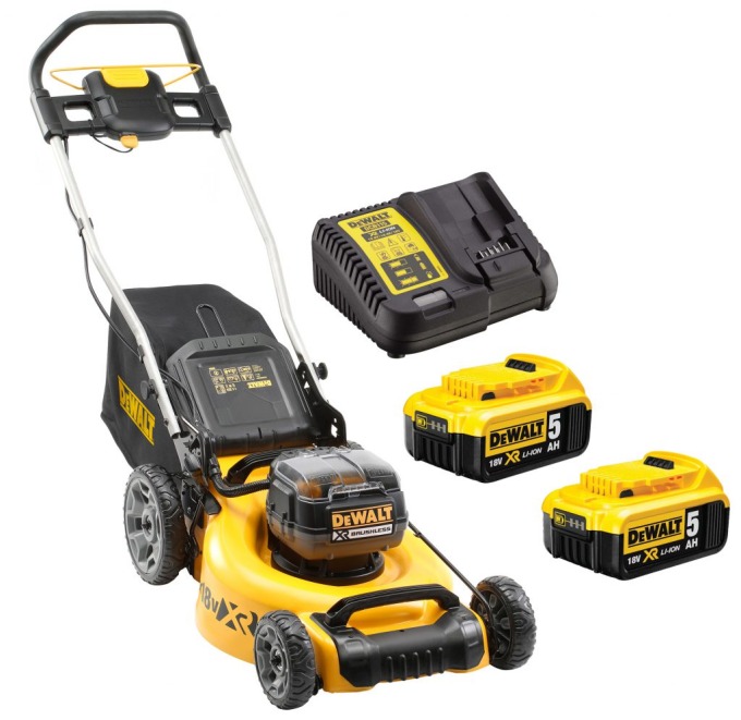 DCMW564P2 DEWALT AKU BEZUHLÍKOVÁ SEKAČKA NA TRÁVU 2X18V, 2 X 5,0 AH BATERIE XR LI-ION, NABÍJEČKA