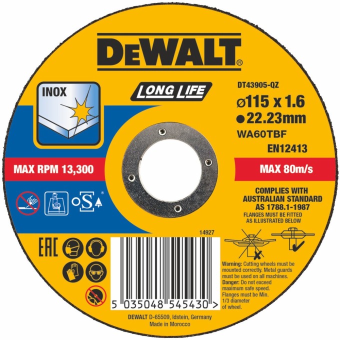 DT43905 DEWALT ŘEZNÝ KOTOUČ 115 X 22,23 X 1,6 MM NA NEREZOVOU OCEL