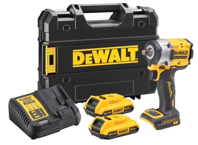 DCF921D2T DEWALT 18V AKU BEZUHLÍKOVÝ RÁZOVÝ UTAHOVÁK 1/2", 2 X 2,0 AH BATERIE XR LI-ION, NABÍJEČKA, KUFR T-STAK