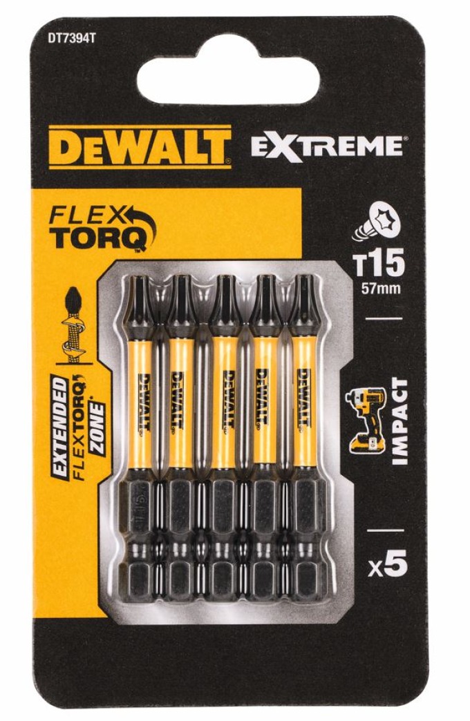 DT7394T DeWALT Sada bitů 5 ks, 57MM, TORX 15, EXTREME Torsion