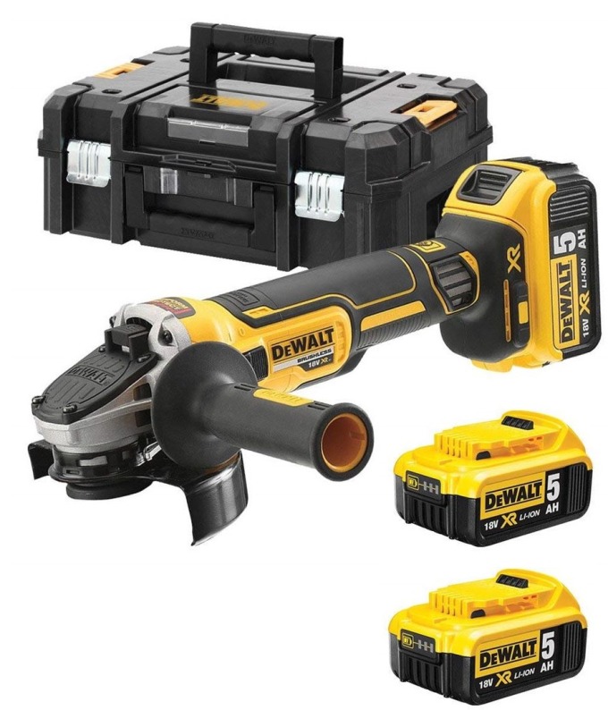 DCG405P3 DEWALT 18V AKU BEZUHLÍKOVÁ 125MM ÚHLOVÁ BRUSKA, 3 X BATERIE XR LI-ION 5,0 AH, NABÍJEČKA, KUFR T-STAK