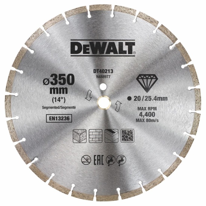 DT40213 DEWALT DIAMANTOVÝ KOTOUČ SE SEGMENTOVÝM OBVODEM PRO SUCHÉ ŘEZÁNÍ 350 X 25,4 MM