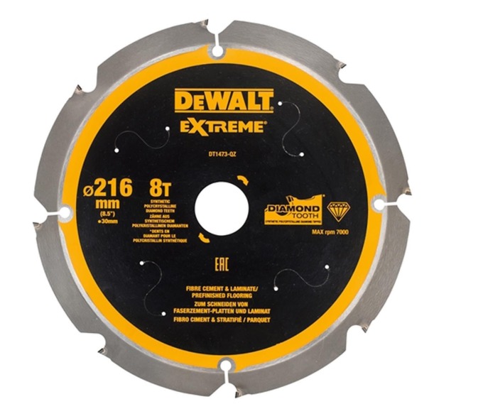 DT1473 DEWALT PILOVÝ KOTOUČ NA CEMENTOVLAKNITÉ DESKY A LAMINÁT, 216 X 30, 8 ZUBů, 12°