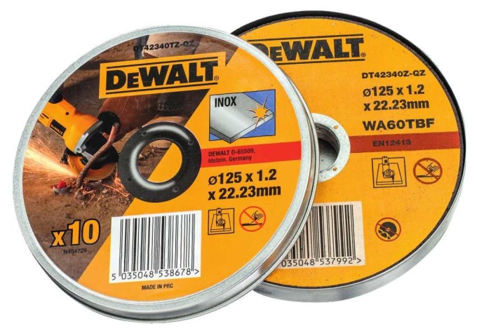 DT42340TZ DEWALT ŘEZNÉ KOTOUČE NA NEREZ V PLECHOVÉ KRABIČCE DO ÚHLOVÝCH BRUSEK 125X1,2 MM, 10 KS,