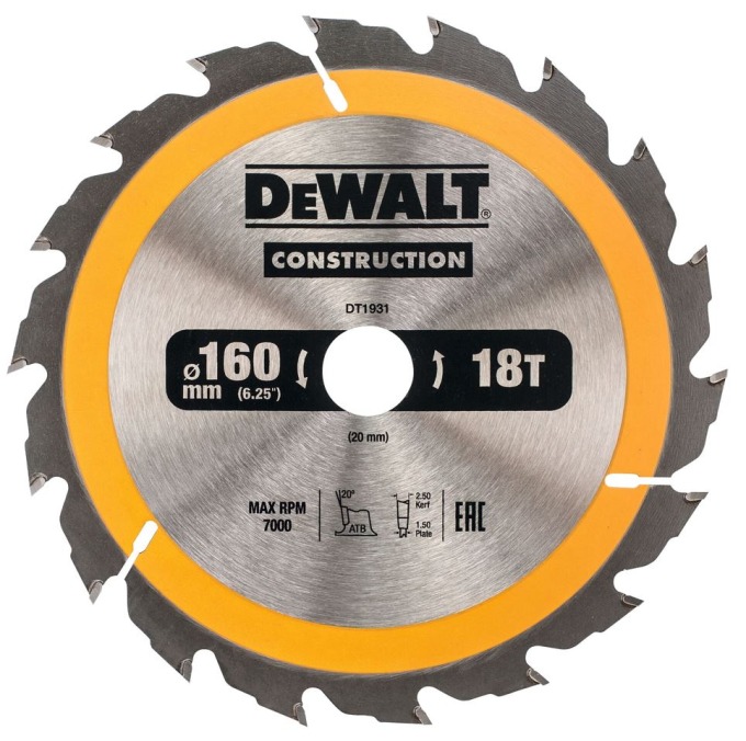 DT1931 DEWALT PILOVÝ KOTOUČ PRO AKU KOTOUČOVÉ PILY 160 x 20mm, 18 zubů, ATB 20°, univerzální řez