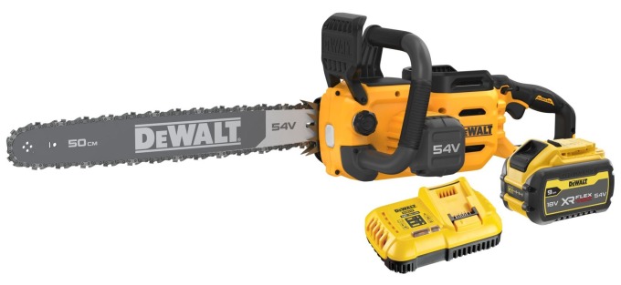 DCMCS575X1 DEWALT 54 VOLT FLEXVOLT AKU BEZUHLÍKOVÁ ŘETĚZOVÁ PILA 50 CM LIŠTA, 1 X 9,0AH BATERIE, NABÍJEČKA, PILNÍK, KUFR