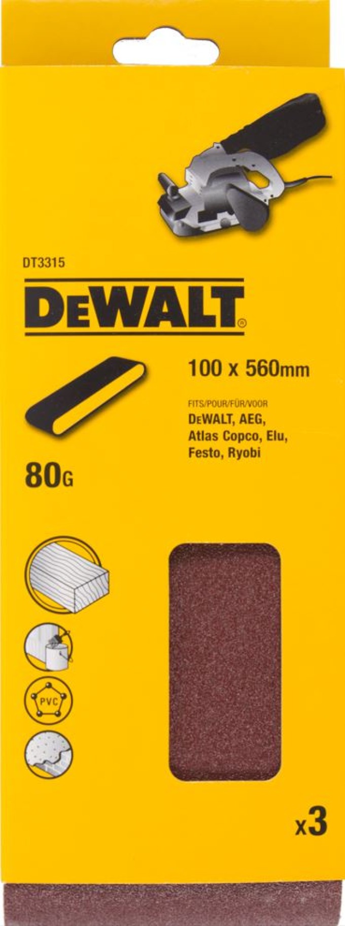 DT3315 DEWALT Brusné pásy, 100 × 560 mm, K80 - 3 ks