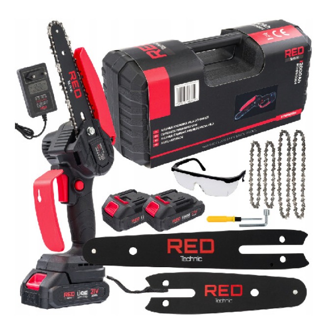 POWERMAT  Aku řetězová pila mini 21V, 2 baterie, kufřík a příslušenství RTMPA0064 RED TECHNIC