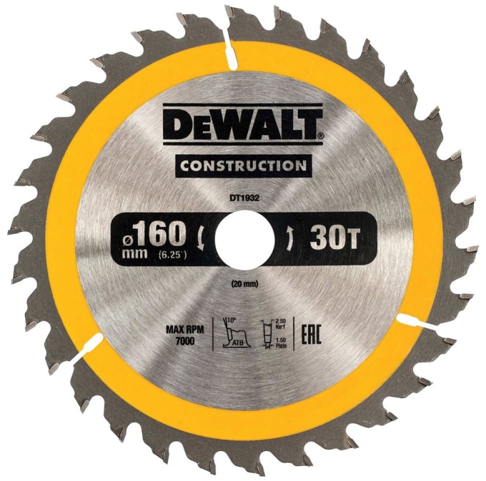 DT1932 DEWALT PILOVÝ KOTOUČ PRO AKU KOTOUČOVÉ PILY 160 x 20mm, 30 zubů, ATB 10°, univerzální řez