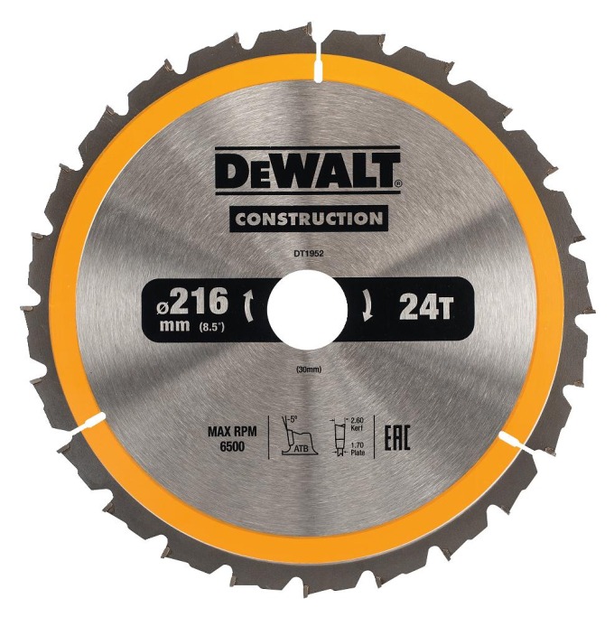 DT1952 DeWALT Pilový kotouč 216x30mm, 24zubů, ATB 5°, rychlý, podélný řez