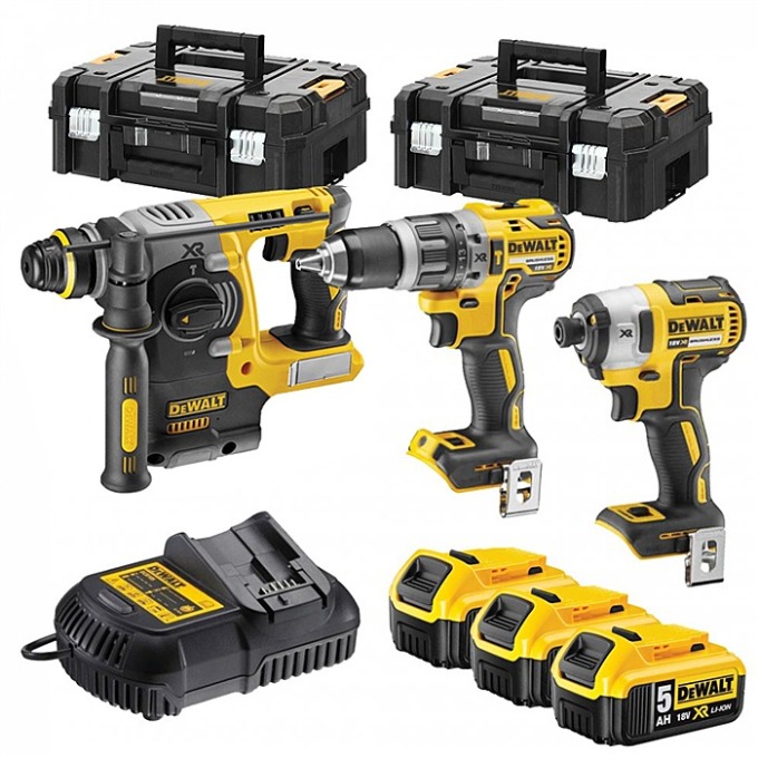 DCK368P3T DEWALT 18VOLT KOMBO SADA 3KS AKU NÁŘADÍ, KOMBI KLADIVO SDS-PLUS, PŘÍKLEPOVÁ VRTAČKA/ŠROUBOVÁK, RÁZOVÝ UTAHOVÁK 1/4", 3X 5,0AH AKU XR LI-ION, NABÍJEČKA, KUFRY T-STAK