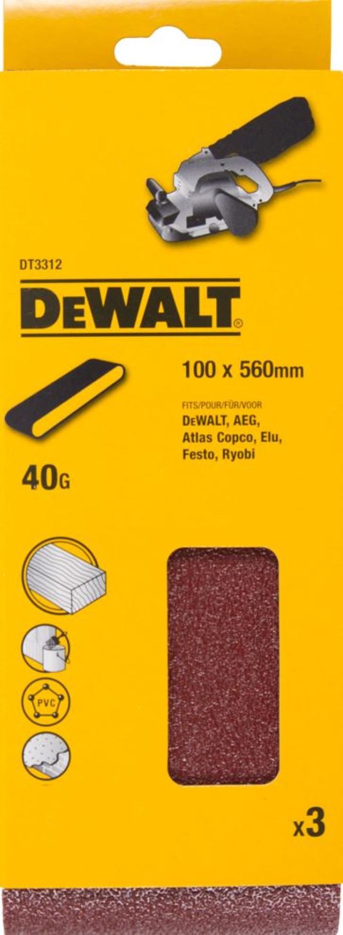 DT3312 DEWALT Brusné pásy, 100 × 560 mm, K40 - 3 ks