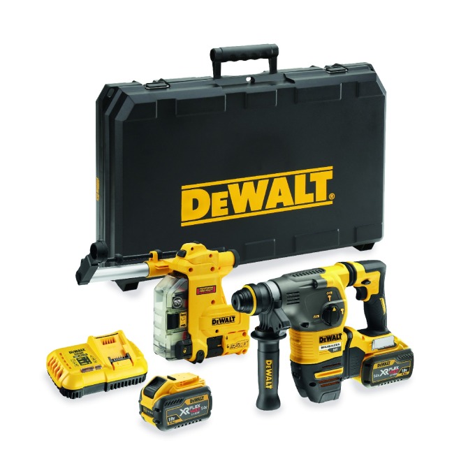 DCH335X2 DEWALT 54 VOLT AKU BEZUHLÍKOVÉ KOMBI KLADIVO SDS-PLUS S INTEGROVANÝM ODSÁVÁNÍM PRACHU, 54VOLT, 2 x 9,0 Ah BATERIE XR FLEXVOLT, NABÍJEČKA , KUFR STANDARD