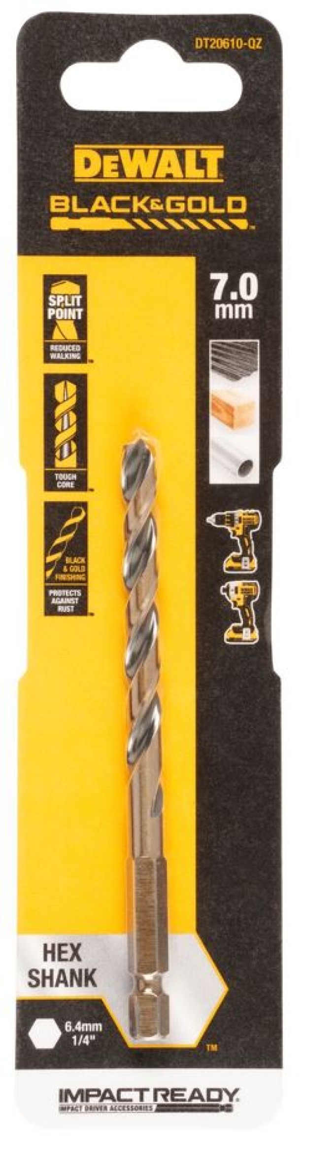 DT20610 DEWALT BLACK AND GOLD VRTÁK SE ŠESTIHRANNOU STOPKOU 7,0 X 111 MM DO KOVU