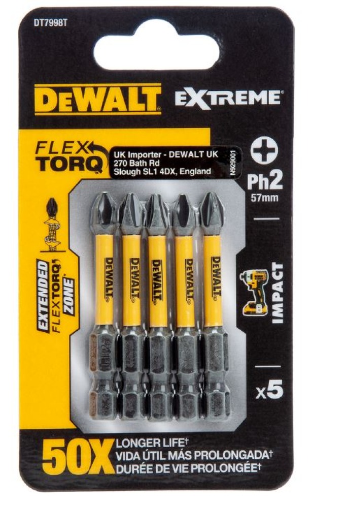 DT7998T DEWALT SADA BITŮ 5 KS, PH2 X 57 MM, EXTREME TORSION