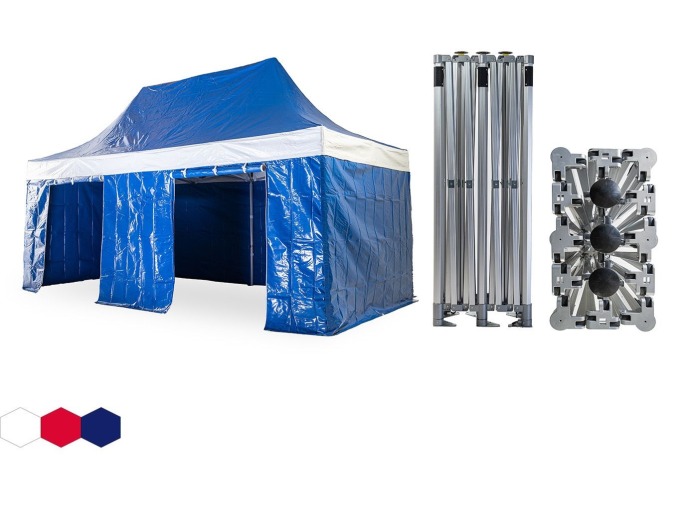 Nůžkový párty stan 3x6 m TENTino BH EXTREME PVC EXTRA HIGH ROOF Barva opláštění: 8A - MODRÁ (VOLÁNY BÍLÉ)