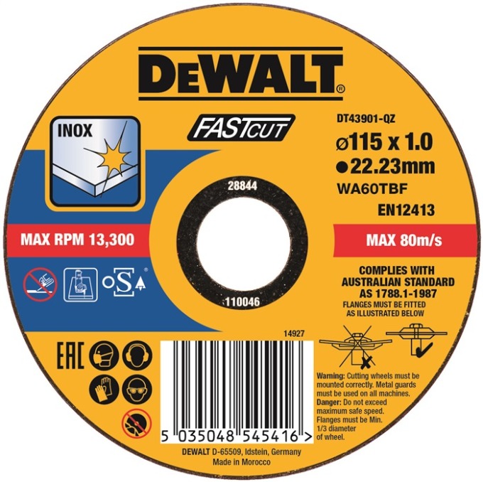 DT43901 DEWALT ŘEZNÝ KOTOUČ 115 X 22,3 X 1MM FASTCUT PRO UHLOVOU BRUSKU NA NEREZ