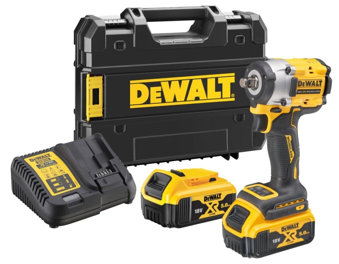 DCF921P2T DEWALT 18V AKU BEZUHLÍKOVÝ RÁZOVÝ UTAHOVÁK 1/2", 2 X 5,0 AH BATERIE XR LI-ION, NABÍJEČKA, KUFR T-STAK