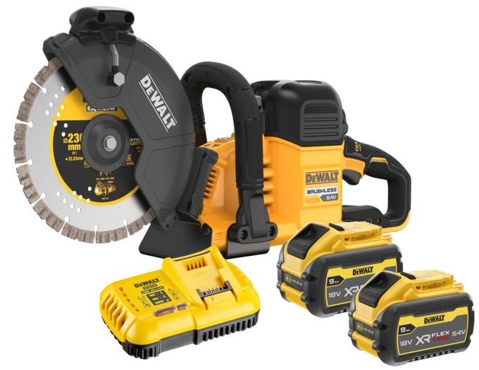 DCS691X2 DEWALT FLEXVOLT 54VOLT AKU BEZUHLÍKOVÁ, ROZBRUŠOVACÍ PILA PRO ŘEZÁNÍ BETONU, 230mm KOTOUČ, 2 X 9,0Ah BATERIE XR LI-ION, NABÍJEČKA