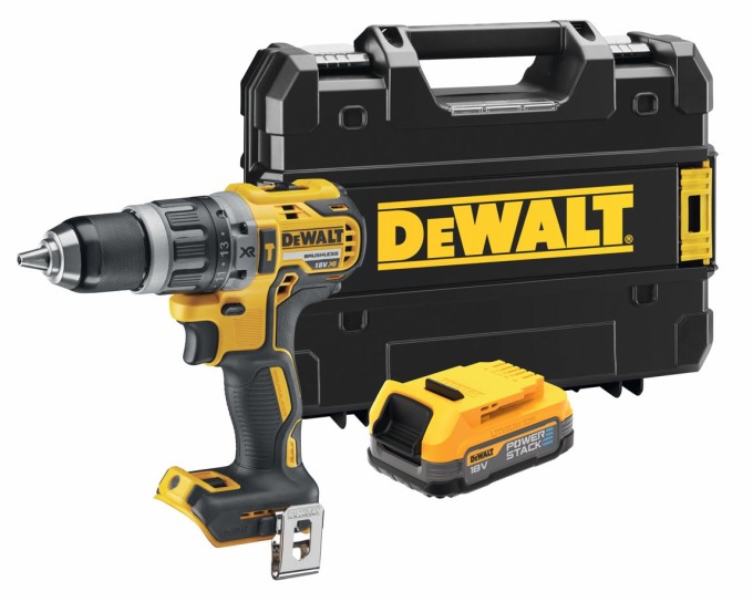 DCD796E1T DEWALT 18V XR AKU BEZUHLÍKOVÁ PŘÍKLEPOVÁ VRTAČKA, 1 X 1,7 AH BATERIE POWERSTACK, BEZ NABÍJEČKY, KUFR T-STAK