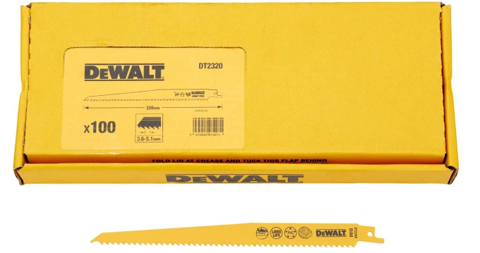 DT2320 DEWALT PILOVÉ PLÁTKY 228 MM, 6 TPI, PRO RYCHLÉ ŘEZY DŘEVA S HŘEBÍKY A PEVNÝCH PLASTŮ, 100 KS