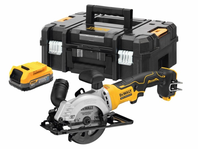 DCS571E1T DEWALT 18V AKU BEZUHLÍKOVÁ KOTOUČOVÁ PILA 115 MM, 1 X 1,7 AH BATERIE POWERSTACK, BEZ NABÍJEČKY, KUFR T-STAK