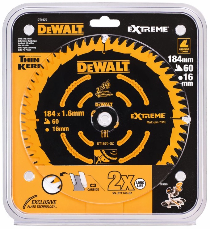 DT1670 DEWALT PILOVÝ KOTOUČ 184 X 16 MM, 60 ZUBŮ, ATB +7°, VELMI JEMNÝ ŘEZ