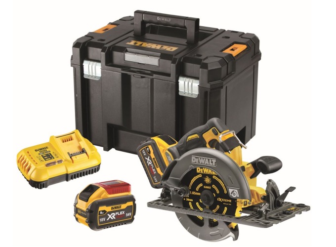 DCS579X2 DEWALT 54VOLT FLEXVOLT AKU KOTOUČOVÁ PILA 190MM, ZÁKLADNA NA VODÍCÍ LIŠTY, 2X 9,0AH AKU XR LI-ION 54, NABÍJEČKA, KUFR T-STAK