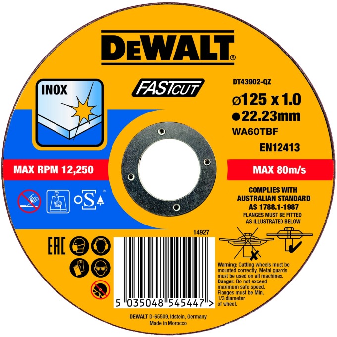 DT43902 DEWALT ŘEZNÝ KOTOUČ 125 X 22,3 X 1MM FASTCUT PRO UHLOVOU BRUSKU NA NEREZ