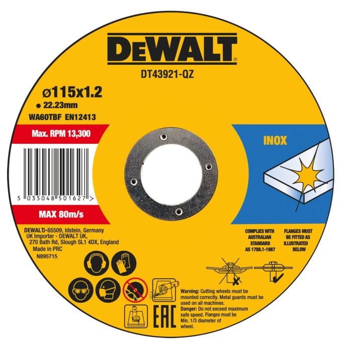 DT43921 DEWALT 10KS ŘEZNÝCH KOTOUČŮ NA NEREZ 115 X 1,2 X 22.23 MM V PLECHOVÉ KRABIČCE