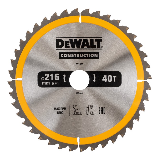 DT1953 DeWALT Pilový kotouč 216x30mm, 40zubů, ATB 5°, rychlý, podélný řez