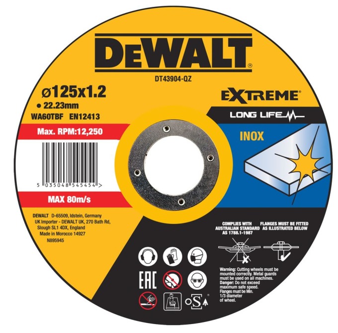 DT43904 DEWALT ŘEZNÝ KOTOUČ 125 X 22,3 X 1,2 MM EXTREME PRO UHLOVOU BRUSKU NA NEREZ