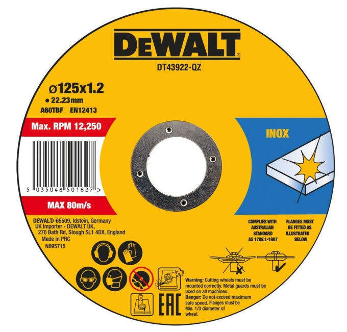 DT43922 DEWALT 10KS ŘEZNÝCH KOTOUČŮ NA NEREZ 125 X 1,2 X 22.23 MM V PLECHOVÉ KRABIČCE